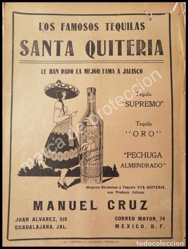 Poster collecting: CARTEL ANTIGUO ORIGINAL DE TEQUILA SANTA QUITERIA DE MANUEL CRUZ 1922 RARO /2
