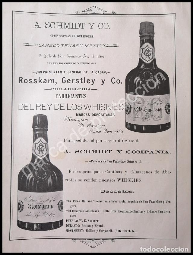 Poster collecting: CARTEL ANTIGUO ORIGINAL DE VINOS A. SCHMIDT -WHISKY OLD SARATOGA 1898 /RARO