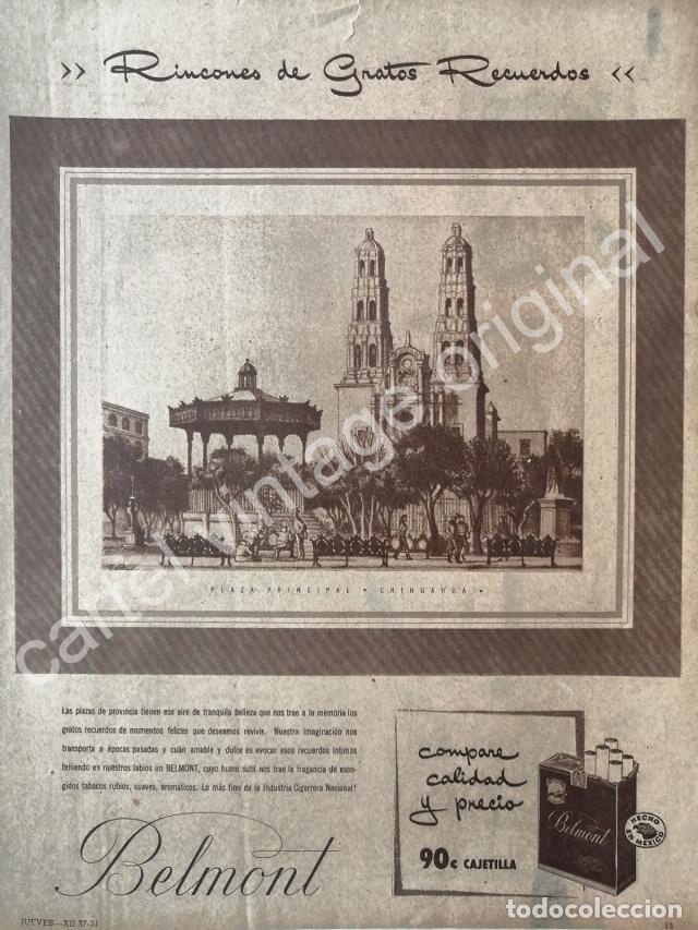Poster collecting: CARTEL ANTIGUO ORIGINAL DE CIGARROS BELMONT Y PLAZA PRINCIPAL DE CHIHUAHUA 1951