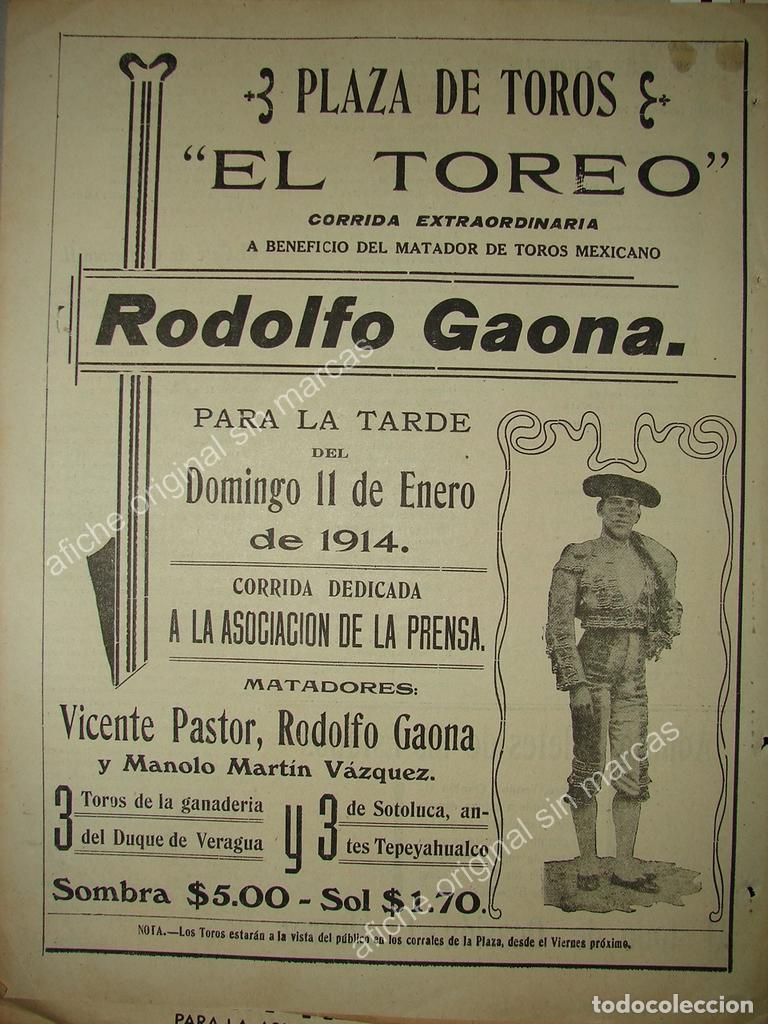 Poster collecting: CARTEL ANTIGUO ORIGINAL DE CORRIDA DE TOROS 1914 PLAZA EL TOREO RODOLFO GAONA /FEP