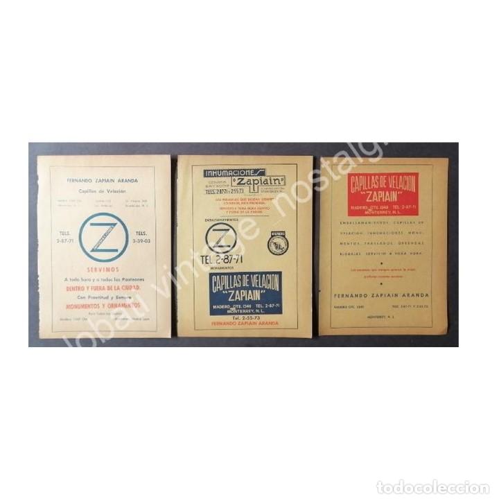 Poster collecting: CARTEL ANTIGUO ORIGINAL DE SET DE 3 AFICHES FUNERALES ZAPIAIN MONTERREY A&Ntilde;OS 50s 60s
