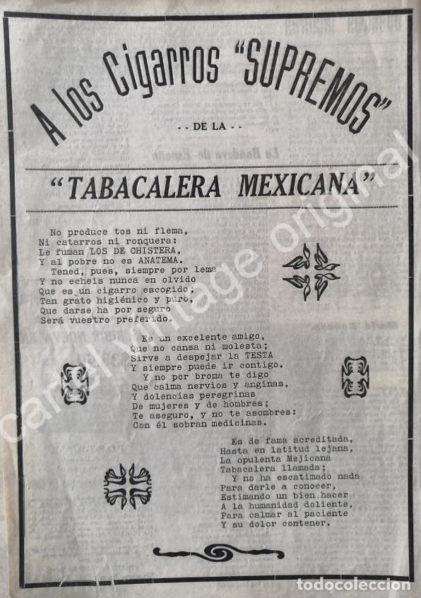 Sammeln von Plakaten: CARTEL ANTIGUO ORIGINAL DE CIGARROS SUPREMOS. TABACALERA MEXICANA S.A 1912