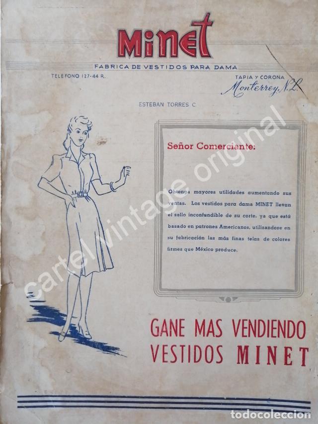 Sammeln von Plakaten: CARTEL ANTIGUO ORIGINAL DE FABRICA DE VESTIDOS MINET 1943 DE ESTEBAN TORRES. MONTERREY