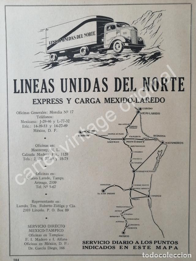 Sammeln von Plakaten: CARTEL ANTIGUO ORIGINAL DE LINEAS UNIDAS DEL NORTE S.A 1944 MONTERREY