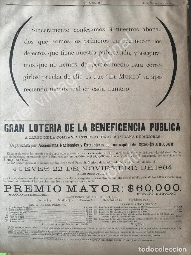 Sammeln von Plakaten: CARTEL ANTIGUO ORIGINAL DE LOTERIA NACIONAL 1894 Y SEGUROS LA MEXICANA