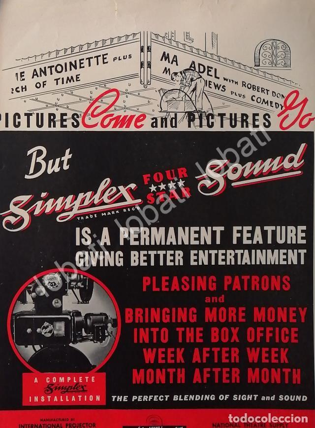 Collectionnisme d'affiches: CARTEL ANTIGUO ORIGINAL DE PROYECTOR DE CINE SIMPLEX SOUND PARA TEATROS 1939 /527 MUY RARO