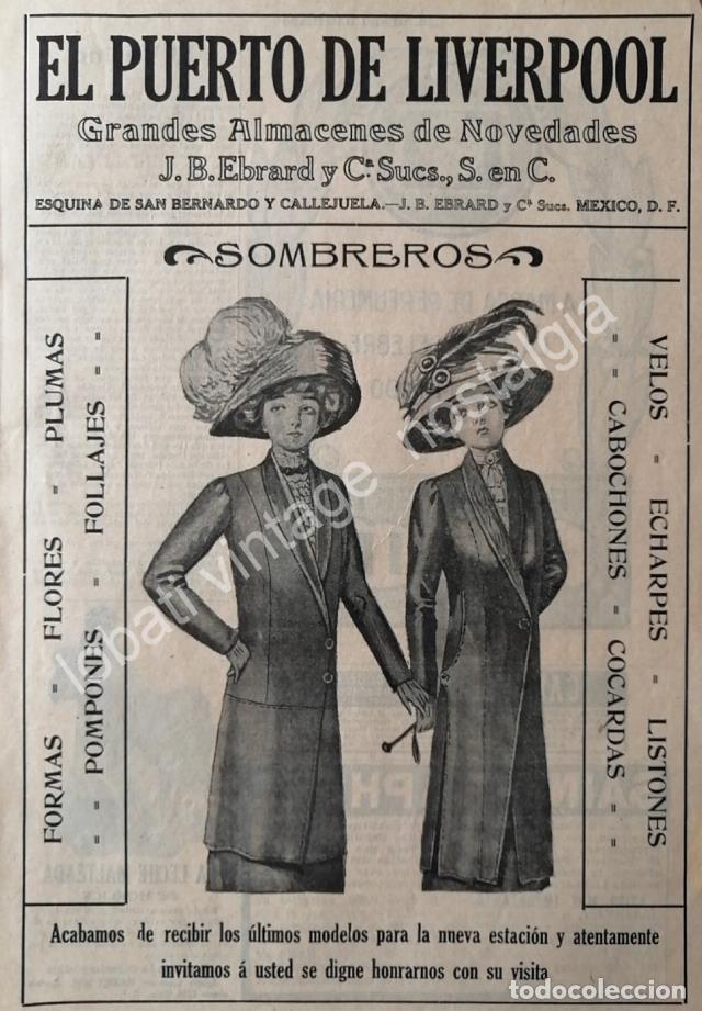 Collectionnisme d'affiches: CARTEL ANTIGUO ORIGINAL DE TIENDA EL PUERTO DE LIVERPOOL 1910 SOMBEROS