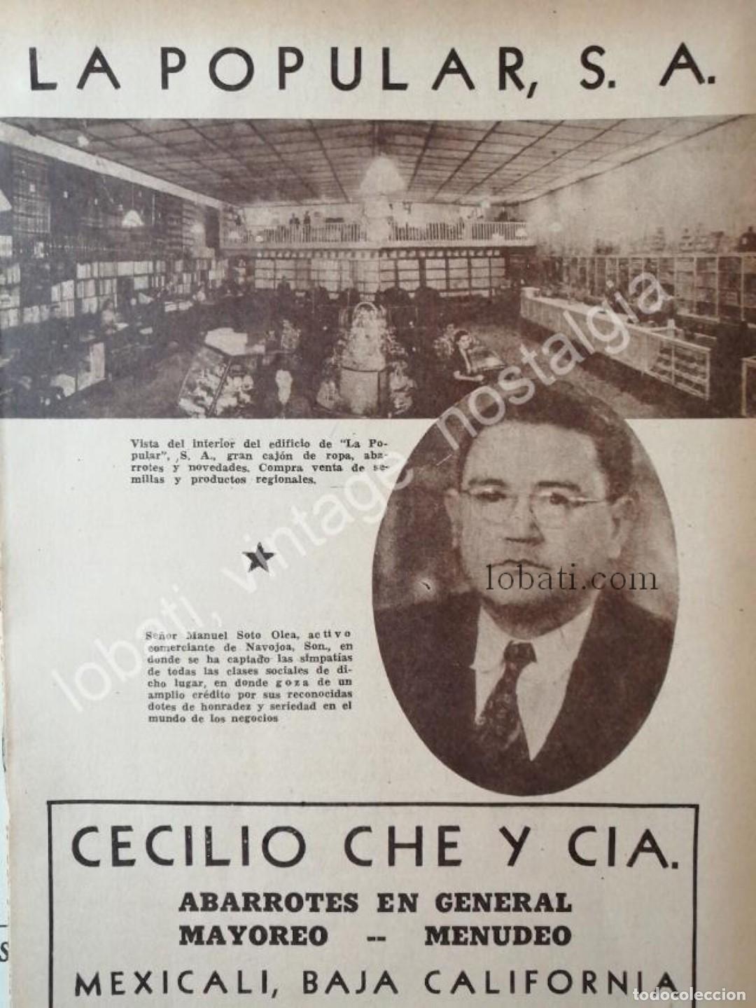 Collectionnisme d'affiches: CARTEL ANTIGUO ORIGINAL DE TIENDA LA POPULAR. DE MANUEL SOTO OLEA , NAV. SONORA