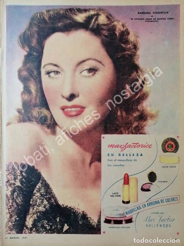 Collectionnisme d'affiches: CARTEL ANTIGUO ORIGINAL DE BARBARA STANWYC Y MAX FACTOR 1947 / FEP