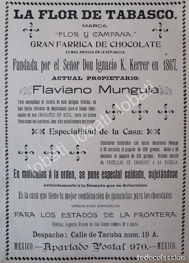 Collectionnisme d'affiches: CARTEL ANTIGUO ORIGINAL DE FABRICA DE CHOCOLATES LA FLOR DE TABASCO 1898 / MUY RARO