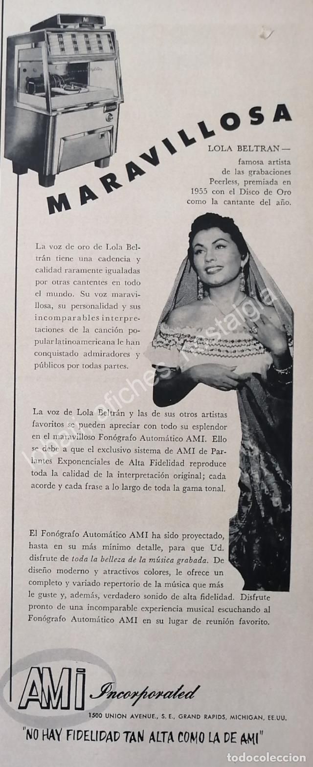 Collectionnisme d'affiches: CARTEL ANTIGUO ORIGINAL DE LOLA BELTRAN Y LAS ROCKOLAS AMI 1950s / RARO / FEP