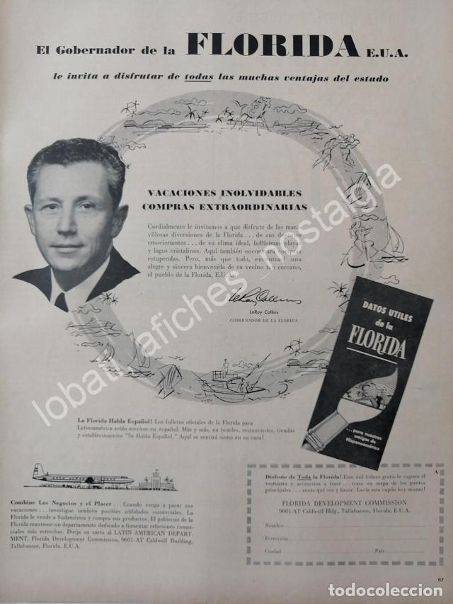 Collectionnisme d'affiches: CARTEL ANTIGUO ORIGINAL DE LEROY COLLINS DEPARTAMENTO DE TURISMO DE FLORIDA 1956 /FEP