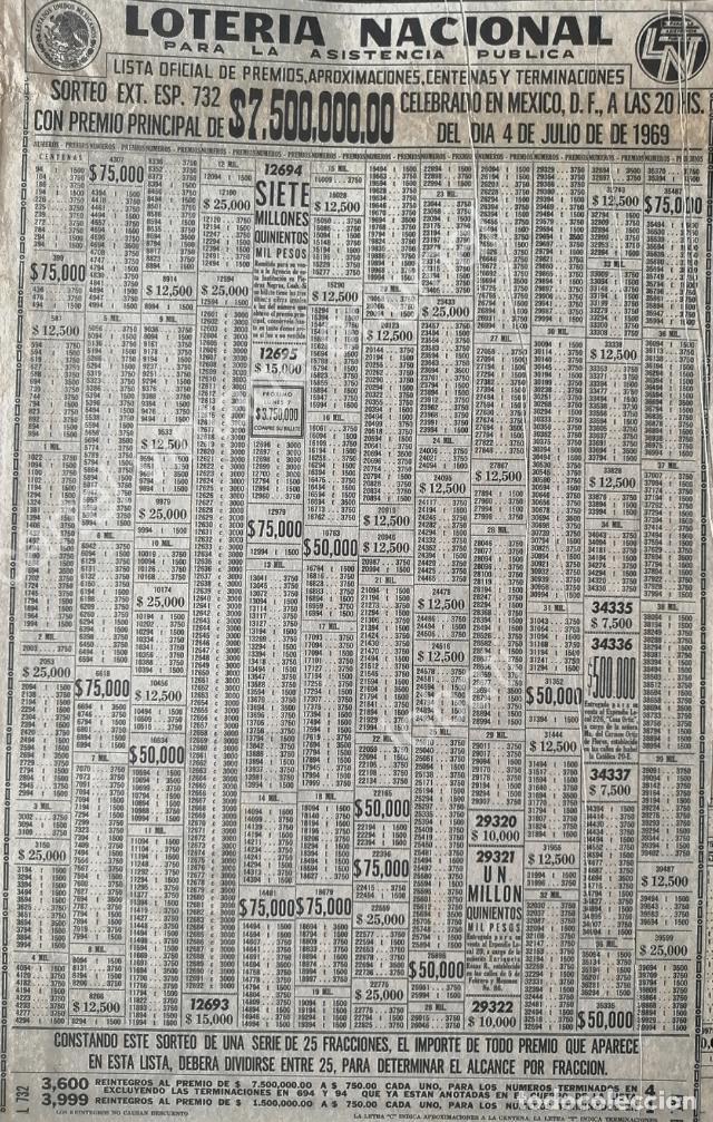 Collectionnisme d'affiches: CARTEL ANTIGUO ORIGINAL DE CARTELERA DE PREMIOS LOTERIA NACIONAL 4 JULIO 1969 /126