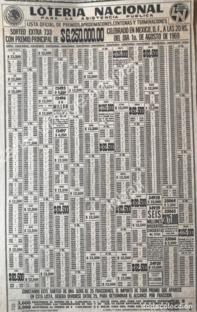 Collectionnisme d'affiches: CARTEL ANTIGUO ORIGINAL DE LISTA DE PREMIOS LOTERIA NACIONAL 1 AGOSTO 1969 /128