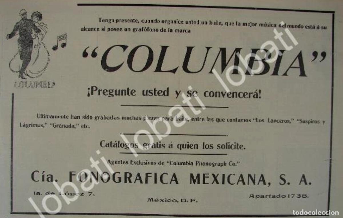 Collezionismo di affissi: CARTEL ANTIGUO ORIGINAL DE CIA. FONOGRAFICA MEXICANA 1911 FONOGRAFOS COLUMBIA