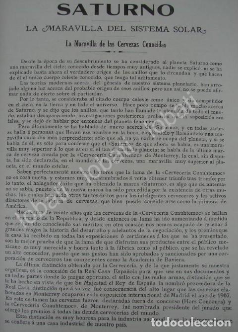 Collectionnisme d'affiches: CARTEL ANTIGUO ORIGINAL DE PUBLICIDAD ANTIGUA CERVEZA SATURNO 1909