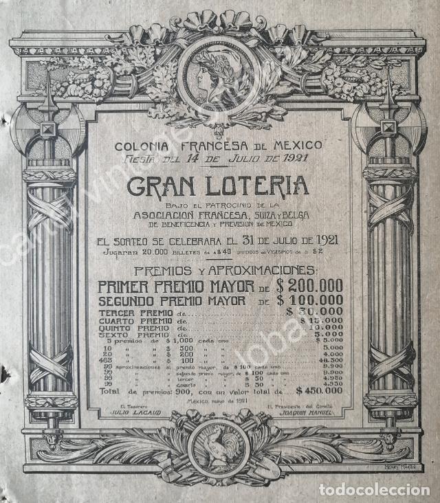 Poster collecting: CARTEL ANTIGUO ORIGINAL DE LOTERIA DE LA COLONIA FRANCESA EN MEXICO 1921 / SUPER RARO