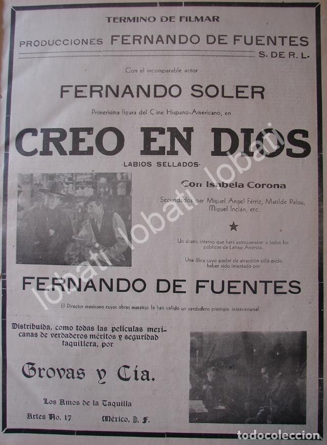 Sammeln von Plakaten: CARTEL ANTIGUO ORIGINAL DE SE TERMINA DE FILMAR PELICULA. CREO EN DIOS 1941 /2