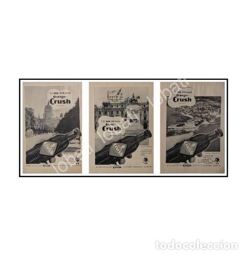 Sammeln von Plakaten: CARTEL ANTIGUO ORIGINAL DE 3 MINI CARTELES REFRESCOS ORANGE CRUSH 1940s LUGARES DEL MUNDO