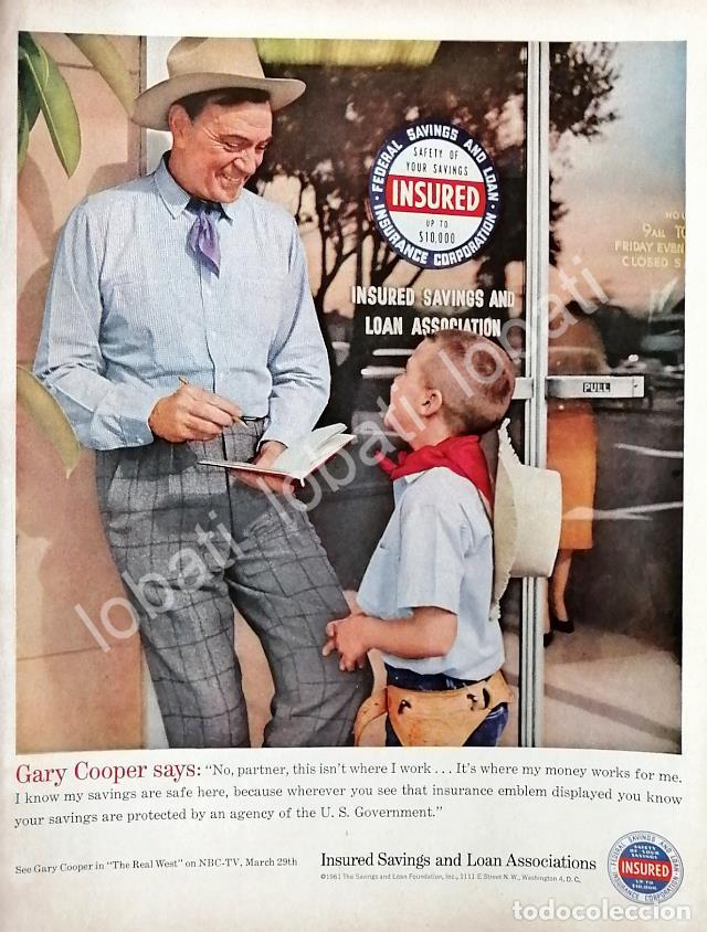 Sammeln von Plakaten: CARTEL ANTIGUO ORIGINAL DE GARY COOPER & ASEGURADORA INSURED SAVINGS & LOAN 1960s /570 FEP