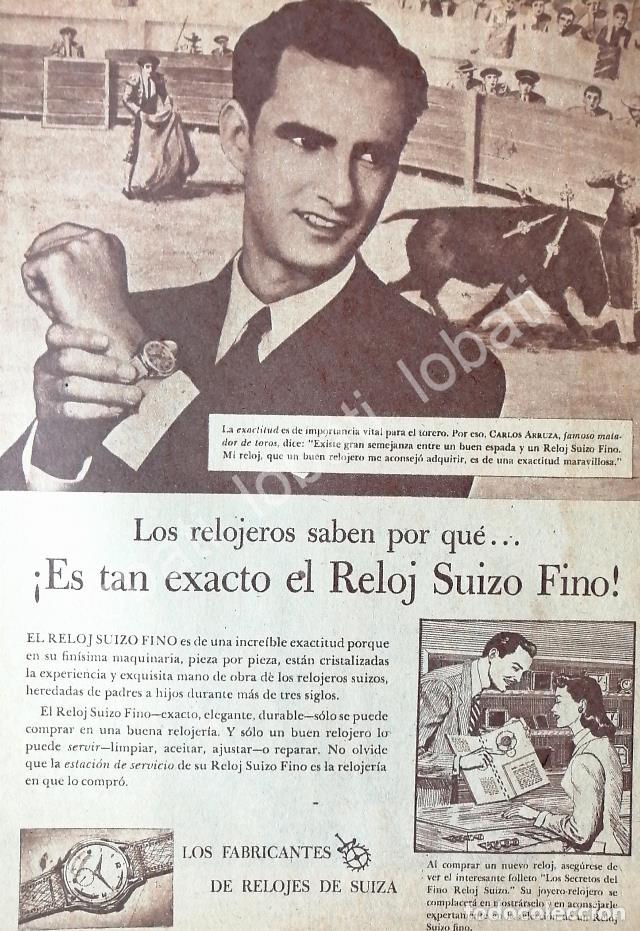 Collectionnisme d'affiches: CARTEL ANTIGUO ORIGINAL DE EL TORERO CARLOS ARRUZA EN RELIJES SUIZOS 1953 / FEP