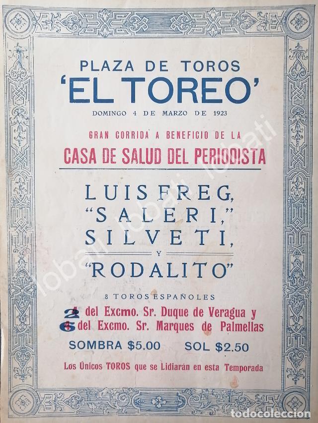 Coleccionismo de carteles: CARTEL ANTIGUO ORIGINAL DE CARTEL PLAZA DE TOROS EL TOREO, 1923 RODALITO, LUIS FREG ETC