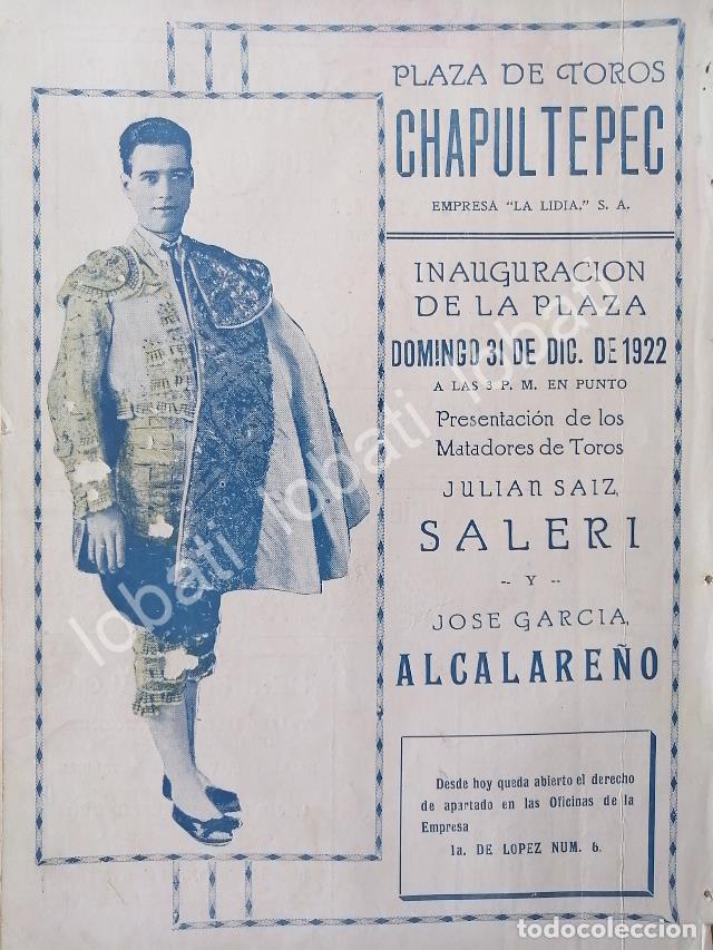 Coleccionismo de carteles: CARTEL ANTIGUO ORIGINAL DE INUGURACION DE LA PLAZA DE TOROS CHAPULTEPEC, 1922 /46