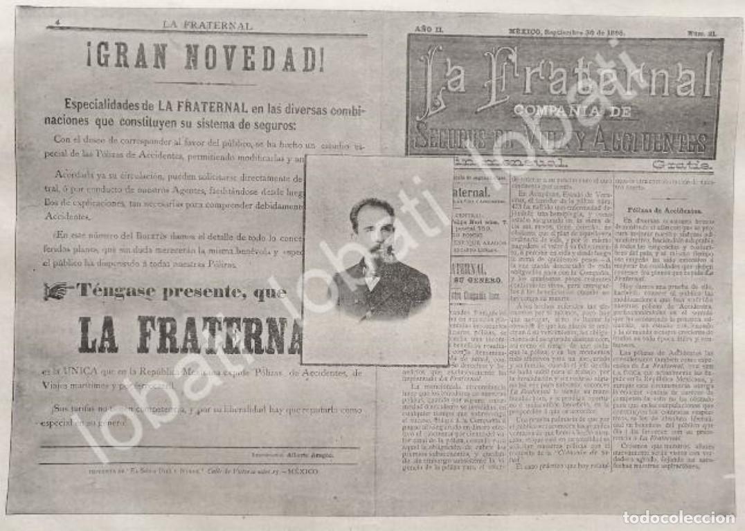 Collectionnisme d'affiches: CARTEL ANTIGUO ORIGINAL DE BANCOS, ASEGURADORA LA FRATERNAL 1895 / SUPER RARO