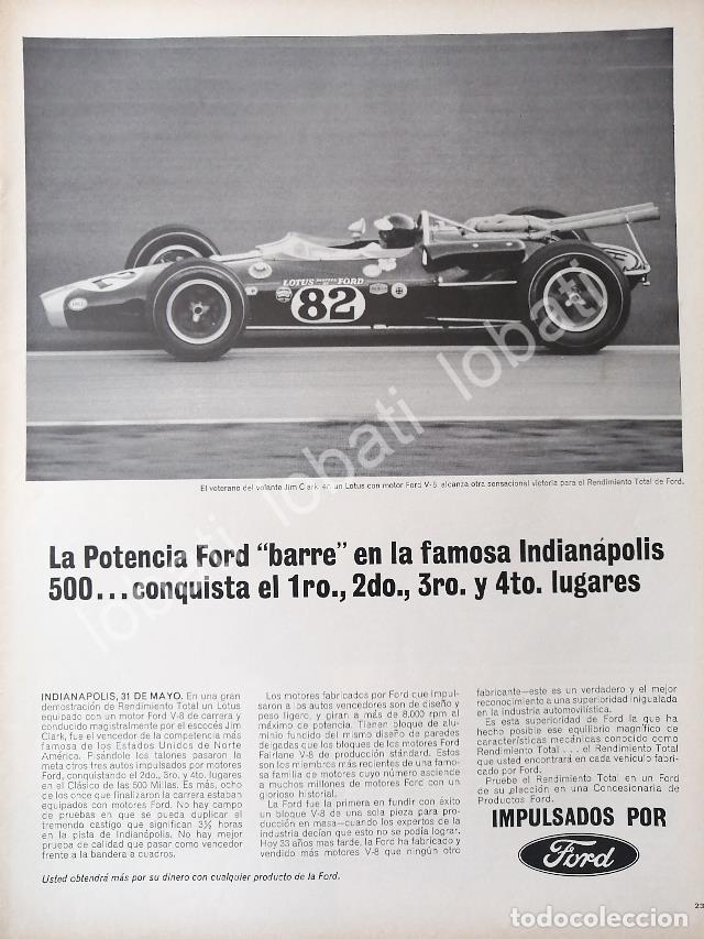 Poster collecting: CARTEL ANTIGUO ORIGINAL DE AUTOS FORD Y EL PILOTO JIM CLARK 1965 GANA LAS 500 MILLAS / 512 FORMULA 1