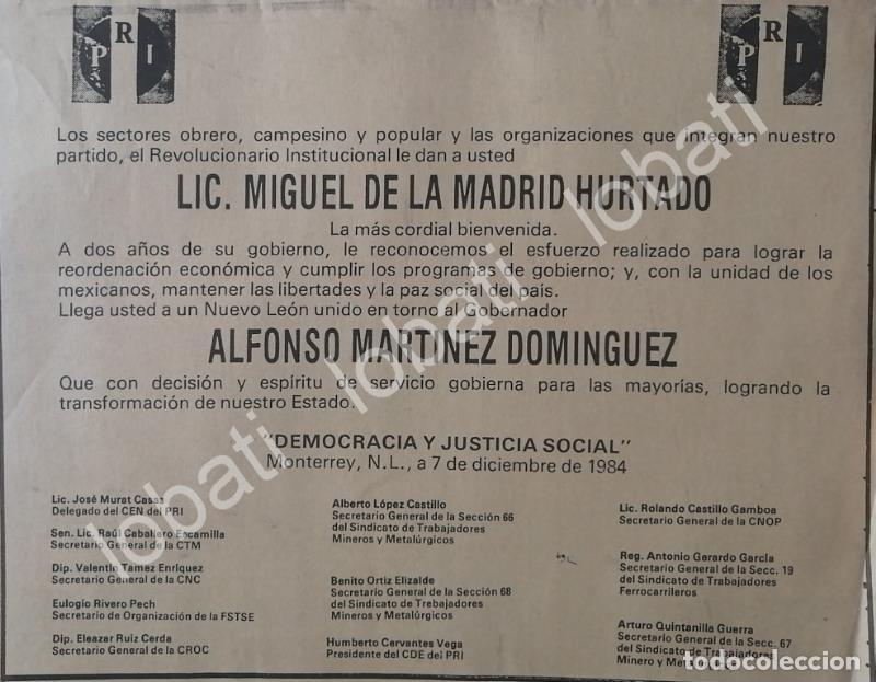 Poster collecting: CARTEL ANTIGUO ORIGINAL DE MONTERREY DA BIENVENIDA MIGUEL DE LA MADRID 84