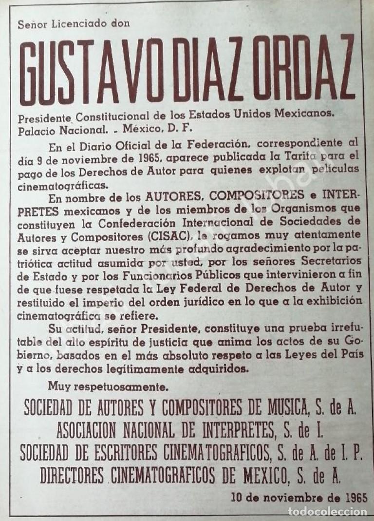 Sammeln von Plakaten: CARTEL ANTIGUO ORIGINAL DE LA ANDI, ANDA Y ARTISTAS AGRADECEN A DIAZ ORDAZ POR TARIFAS DE REGALIAS 1