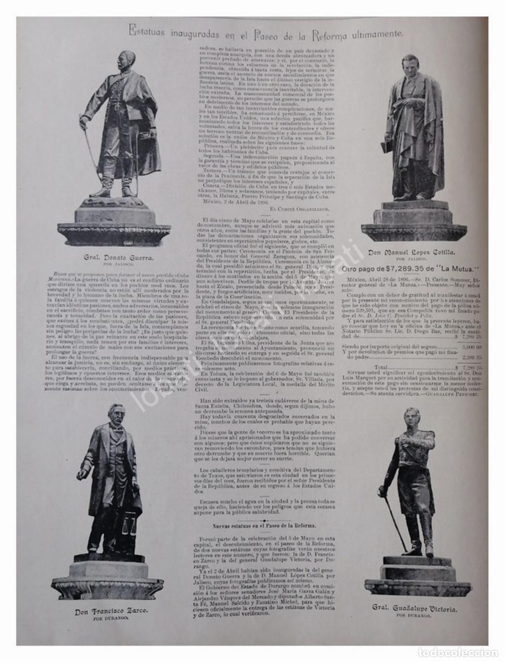 Collectionnisme d'affiches: NOTA ANTIGUA 1896 INAUGURAN ESTATUAS PASEO DE LA REFORMA