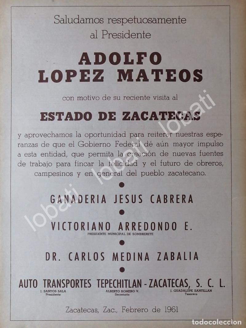 Collectionnisme d'affiches: AFICHE POLITICO VINTAGE, LOPEZ MATEOS VISITA ZACATECAS 1961