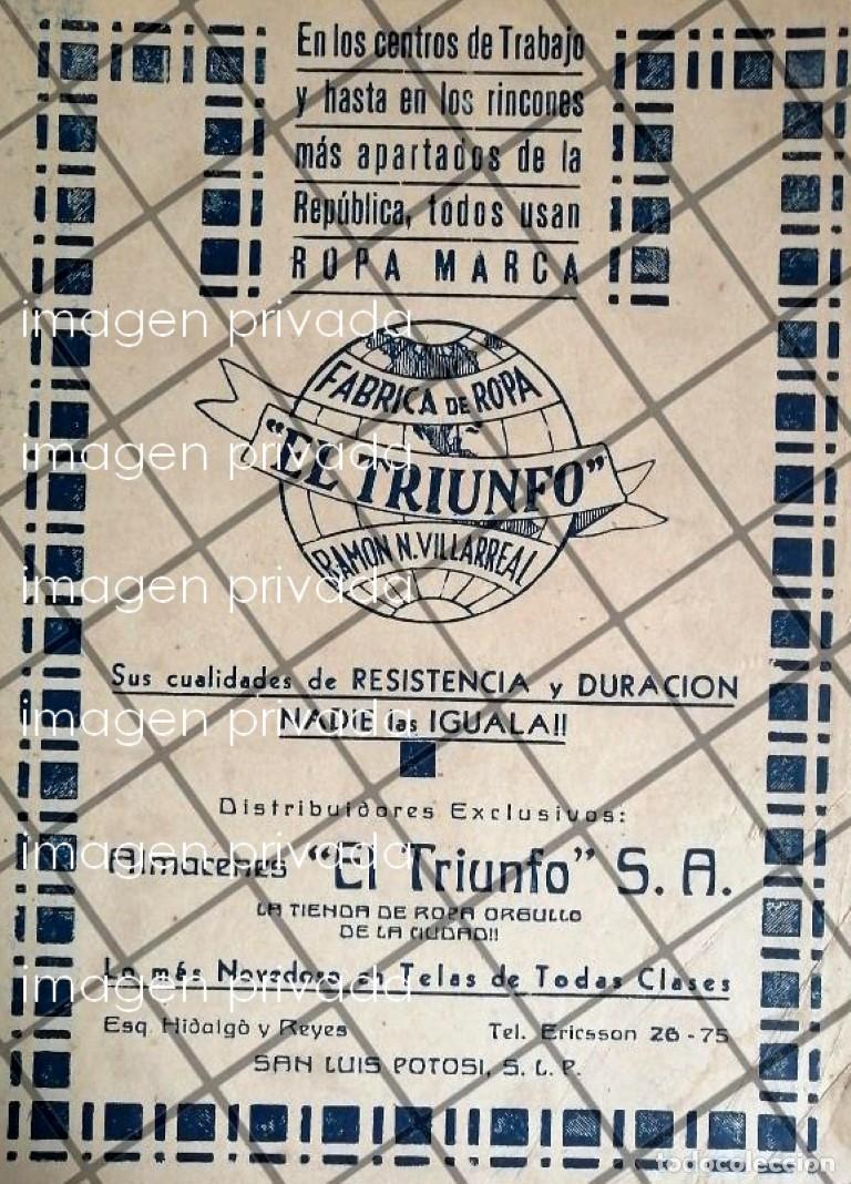 Collectionnisme d'affiches: PUBLICIDAD ANTIGUA FABRICA DE ROPA EL TRIUNFO 1933 S.L. POTOSI