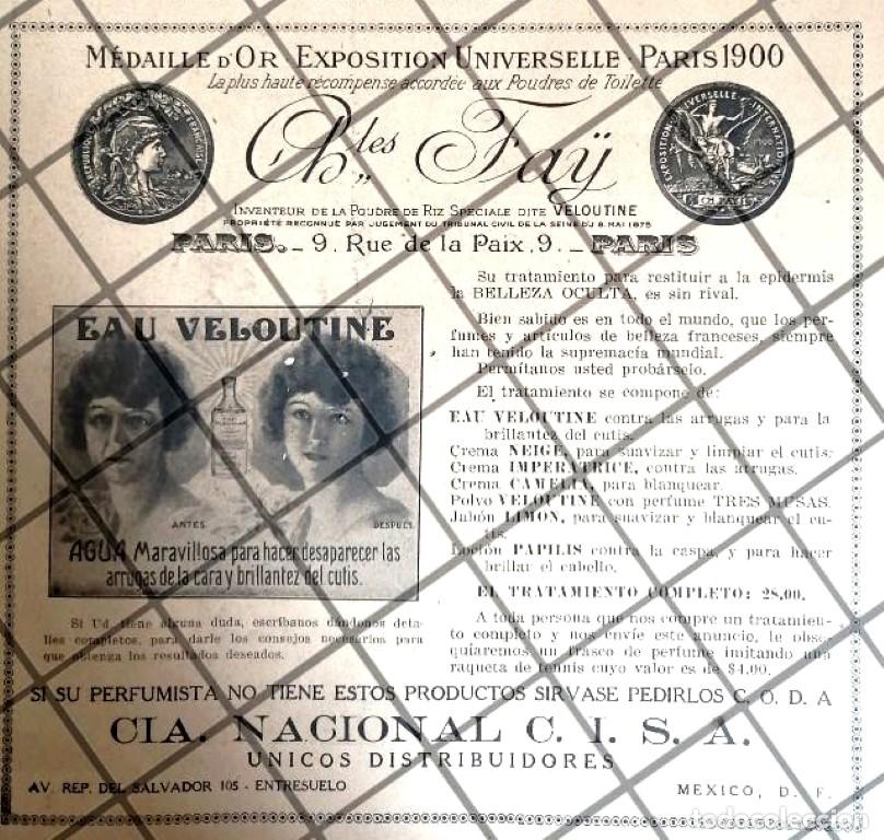 Collectionnisme d'affiches: PUBLICIDAD ANTIGUA AGUA VELOUTINE 1922 CHARLES FAY
