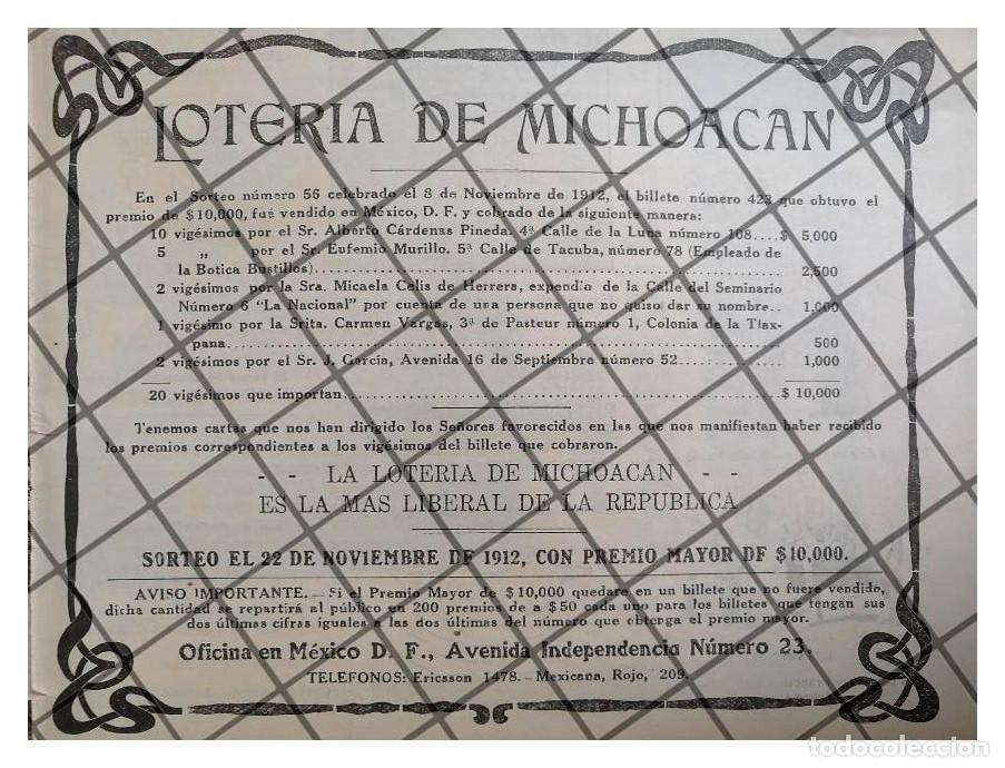 Coleccionismo de carteles: AFICHE PUBLICITARIO RETRO LOTERIA DE MICHOACAN 1912 RARO
