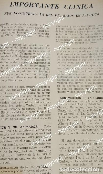 Collectionnisme d'affiches: HOJA DE PRENSA ANTIGUA. ADUARDO BEJOS INAUGURA CLINICA MINERA. PACHUCA 1941 /HOSPITALES