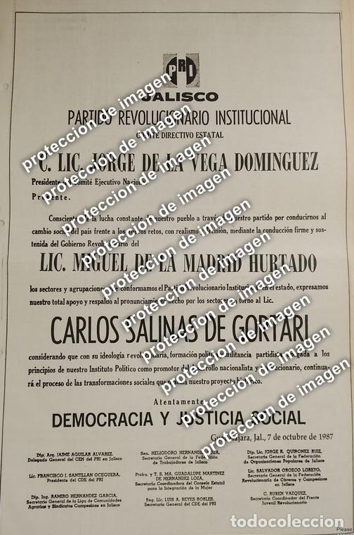 Colecionismo de cartazes: PUBLICIDAD RETRO, AFICHE POLITICO JALISCO APOYA A CARLOS SALINAS DE GORTARI 1987 /GOBIERNO