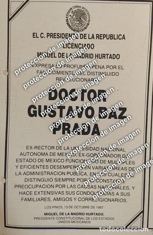 Colecionismo de cartazes: AFICHE RETRO, MUERE GUSTAVO BAZ, PRESIDENCIA DE LA REPUBLICA. 1987 /Politicos