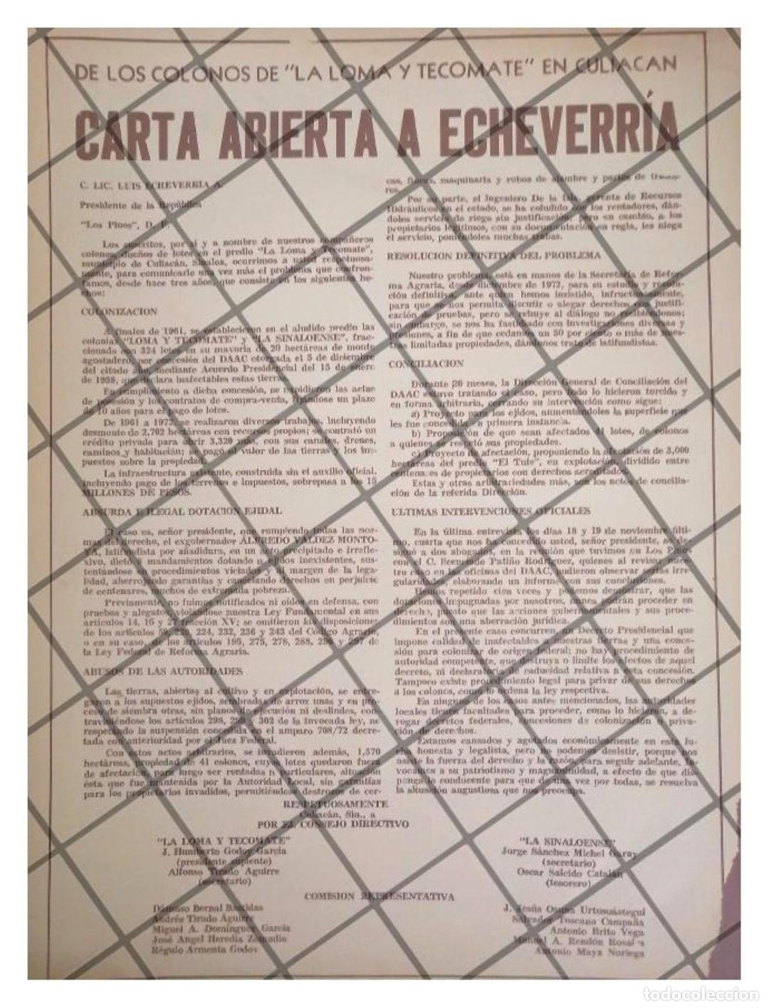 Coleccionismo de carteles: AFICHE RETRO. CARTA DE COLONIA TECOMATE A LUIS ECHEVERRIA 1973