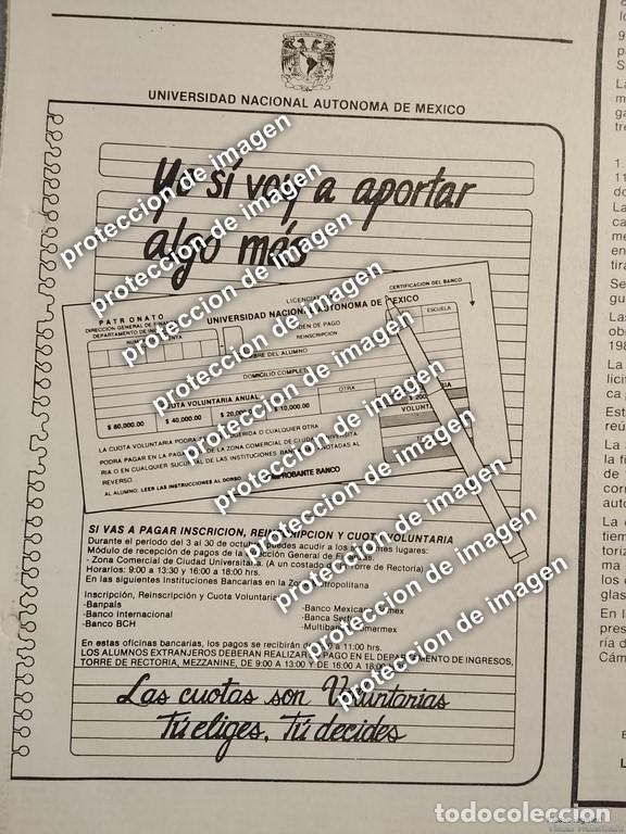 Colecionismo de cartazes: CARTEL PUBLICITARIO RETRO, UNAM, LAS CUOTAS SON VOLUNTARIAS 1987 /ESCUELAS