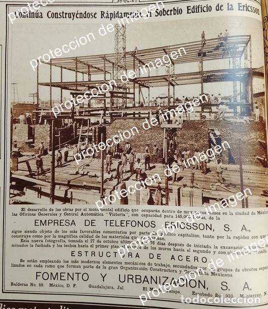 Collectionnisme d'affiches: AFICHE ANTIGUO. FOMENTO Y URBANIZACION S.A CONSTRUYE TELEFONOS DE MEXICO (ERICSSON) 1930