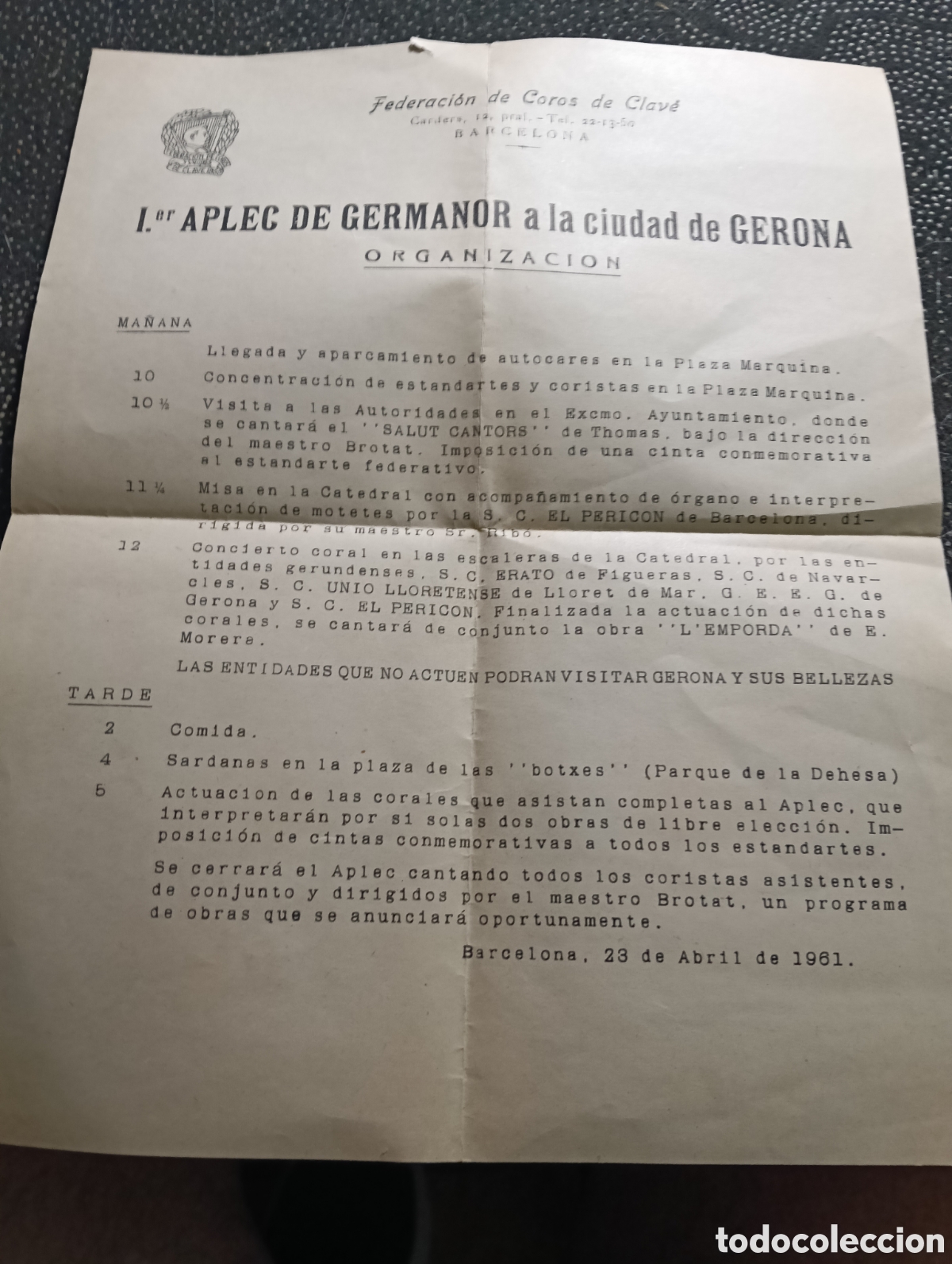 Coleccionismo de carteles: Federaci&oacute;n de Coros de Clave, 1er. Aplecs de Germanor a la ciutat de Gerona, 23 de Abril de 1961, d&iacute;