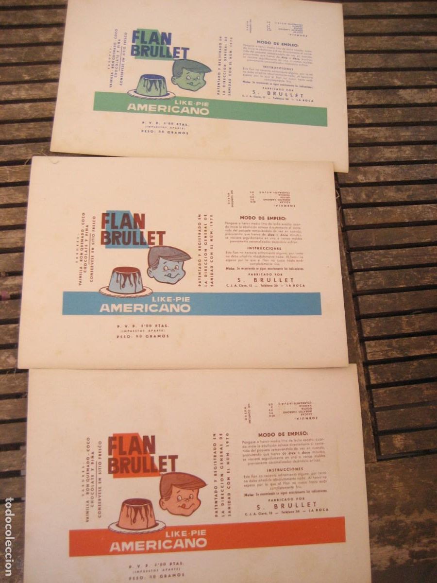 Coleccionismo de carteles: 3 cartel Flan brullet . La Roca 26/18 cm . en cart&oacute;n