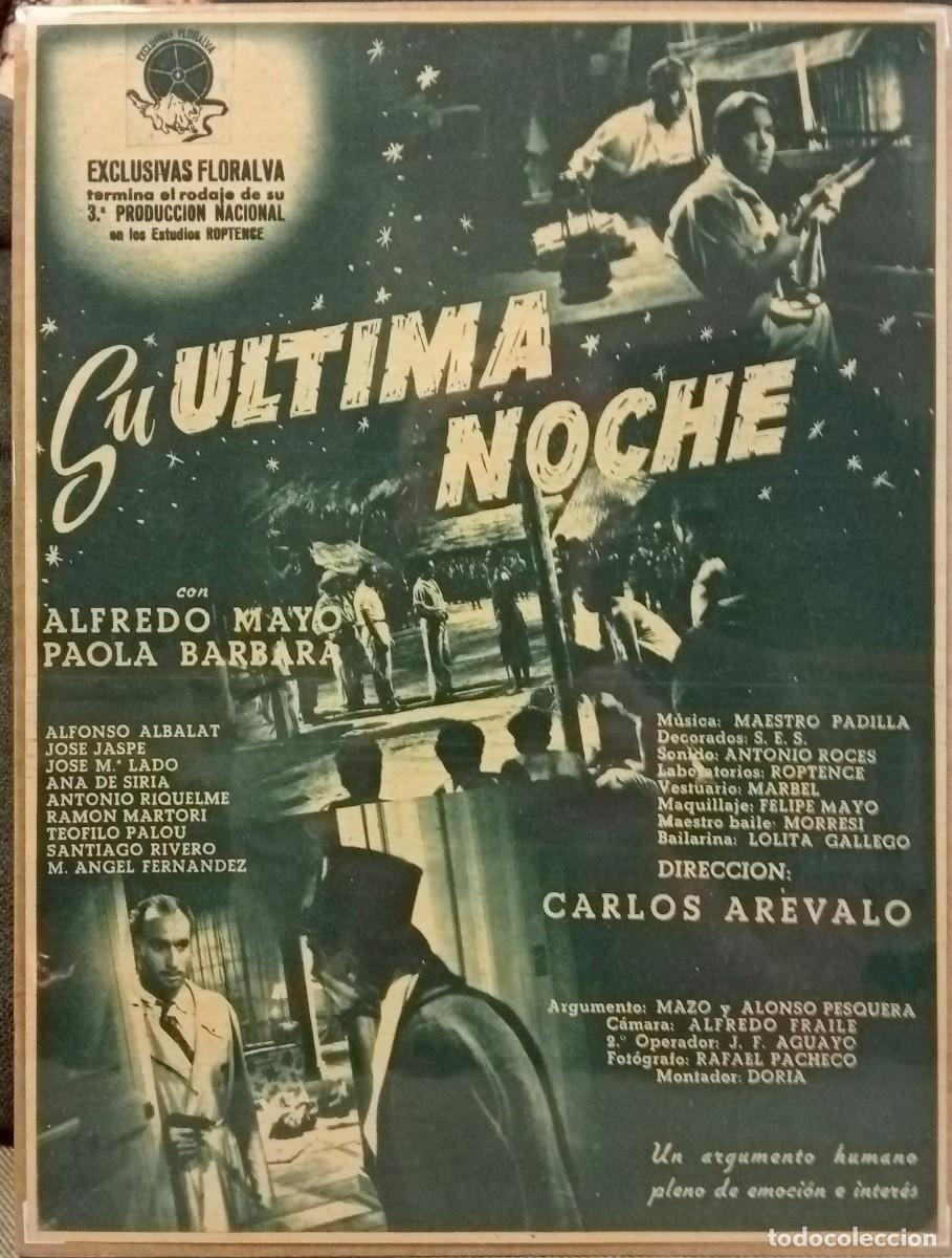 Coleccionismo de carteles: SU &Uacute;LTIMA NOCHE - DIR. CARLOS AR&Eacute;VALO - PUBLICIDAD CINE ORIGINAL 1944 / 33 x 25 Cm. - PRIMER PLANO
