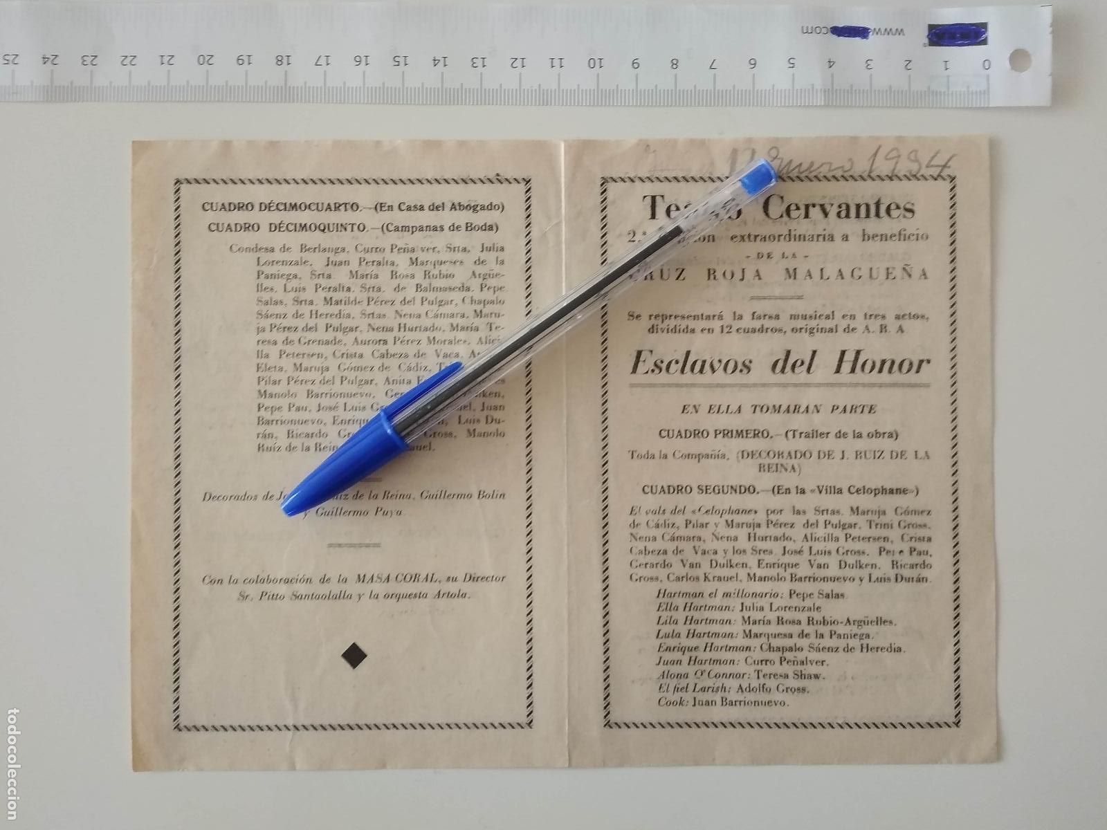 Coleccionismo de carteles: CARTEL TEATRO CERVANTES DE MALAGA 1934 2&ordf; FUNCION EXTRAORDINARIA CRUZ ROJA , ESCLAVOS DEL HONOR