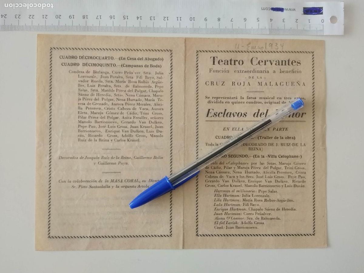 Coleccionismo de carteles: CARTEL TEATRO CERVANTES DE MALAGA 1934 FUNCION EXTRAORDINARIA CRUZ ROJA , ESCLAVOS DEL HONOR