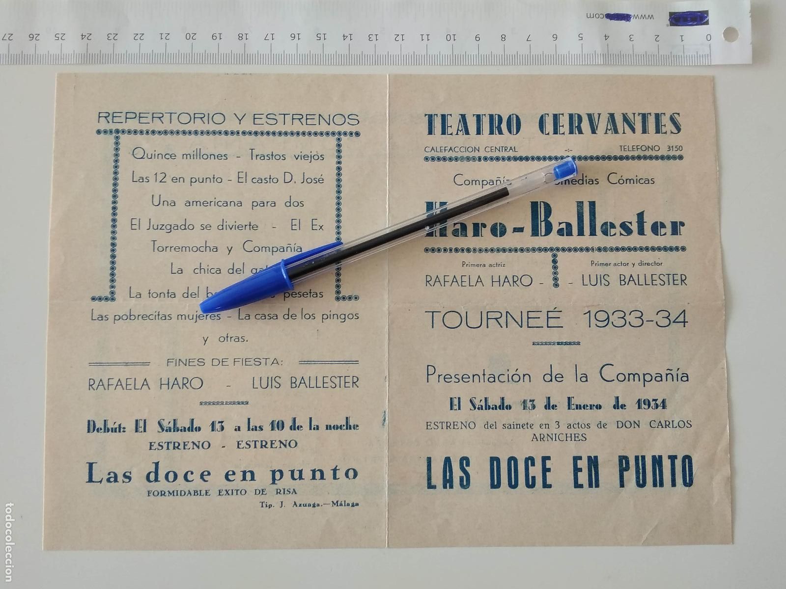 Coleccionismo de carteles: CARTEL TEATRO CERVANTES DE MALAGA 1934 COMPA&Ntilde;IA RAFAELA HARO LUIS BALLESTER LAS DOCE EN PUNTO