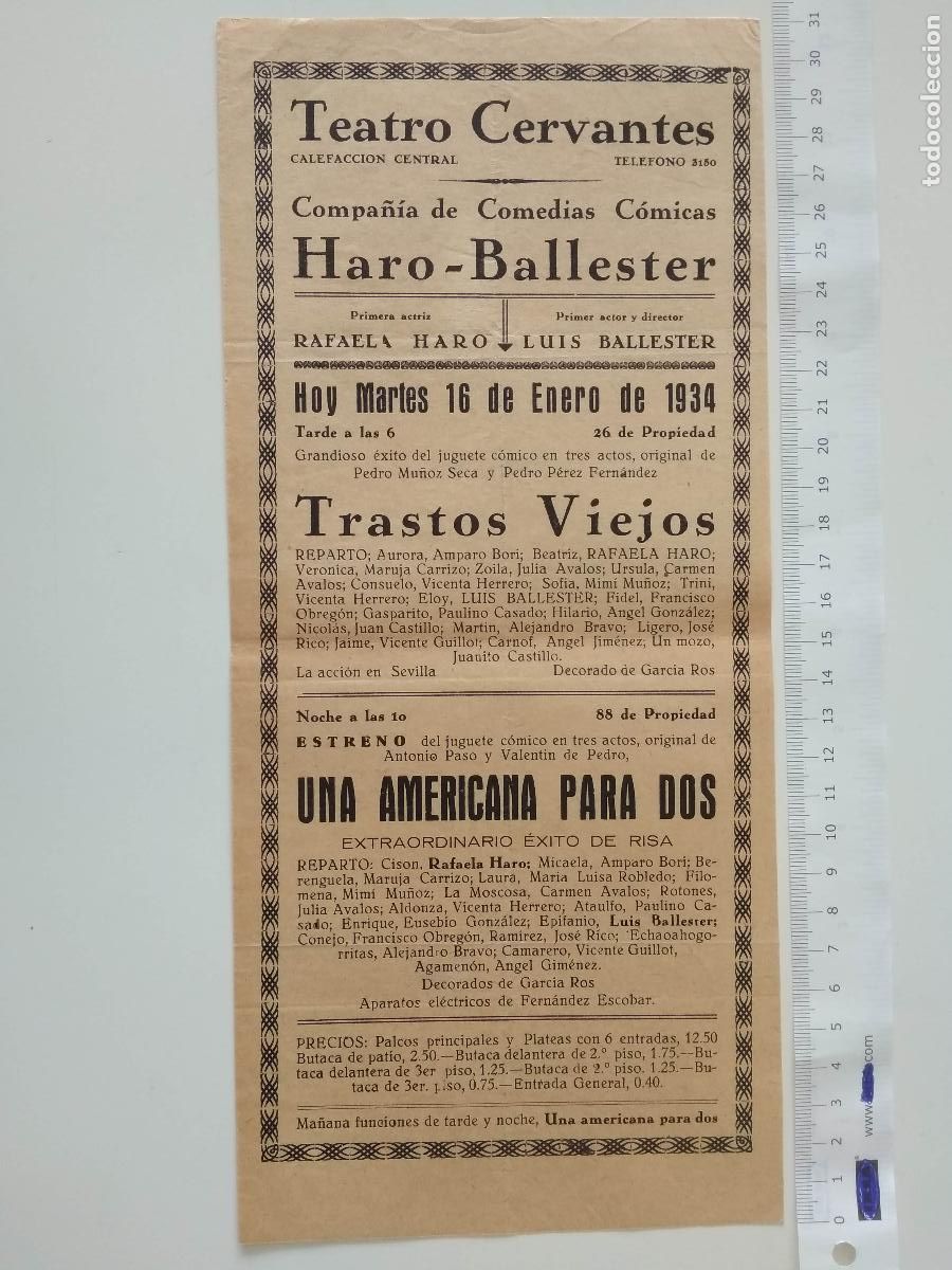 Coleccionismo de carteles: CARTEL TEATRO CERVANTES DE MALAGA 1934 COMPA&Ntilde;IA RAFAELA HARO LUIS BALLESTER TRASTOS VIEJOS