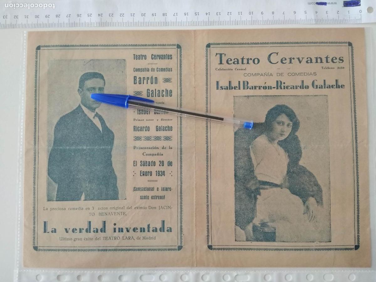 Coleccionismo de carteles: CARTEL TEATRO CERVANTES DE MALAGA 1934 COMPA&Ntilde;IA ISABEL BARRON RICARDO GALACHE LA VERDAD INVENTADA
